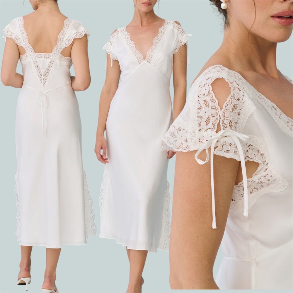 Vintage Style Few Moda Emily Silk Blend White Lace Trim Slip Dress 6 S Coquette